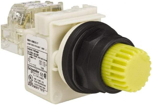 Schneider Electric - 1.22 Inch Mount Hole, Extended Straight, Pushbutton Switch with Contact Block - Round, Yellow Pushbutton, Illuminated, Momentary (MO), Anticorrosive, Dusttight, Oiltight, Watertight and Shock and Vibration Resistant - Industrial Tool & Supply
