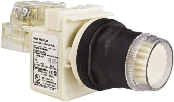 Schneider Electric - 1.22 Inch Mount Hole, Flush, Pushbutton Switch with Contact Block - Round, White Pushbutton, Illuminated, Momentary (MO), Anticorrosive, Dusttight, Oiltight, Watertight and Shock and Vibration Resistant - Industrial Tool & Supply