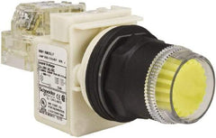 Schneider Electric - 30mm Mount Hole, Extended Straight, Pushbutton Switch with Contact Block - Yellow Pushbutton, Momentary (MO) - Industrial Tool & Supply