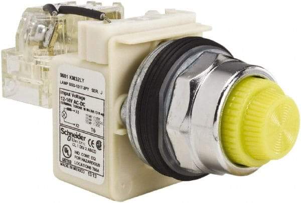 Schneider Electric - 12-14 VAC/VDC Yellow Lens LED Push-to-Test Pilot Light - Fresnel/Round Lens, Screw Clamp Connector, 104mm OAL x 54mm Wide, Dust-tight, Oiltight, Shock Resistant, Vibration Resistant, Watertight - Industrial Tool & Supply
