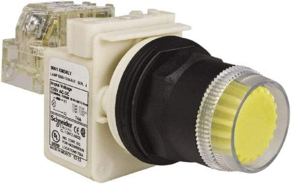 Schneider Electric - 30mm Mount Hole, Extended Straight, Pushbutton Switch with Contact Block - Yellow Pushbutton, Momentary (MO) - Industrial Tool & Supply