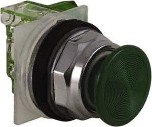 Schneider Electric - 30mm Mount Hole, Extended Straight, Pushbutton Switch with Contact Block - Green Pushbutton, Momentary (MO) - Industrial Tool & Supply