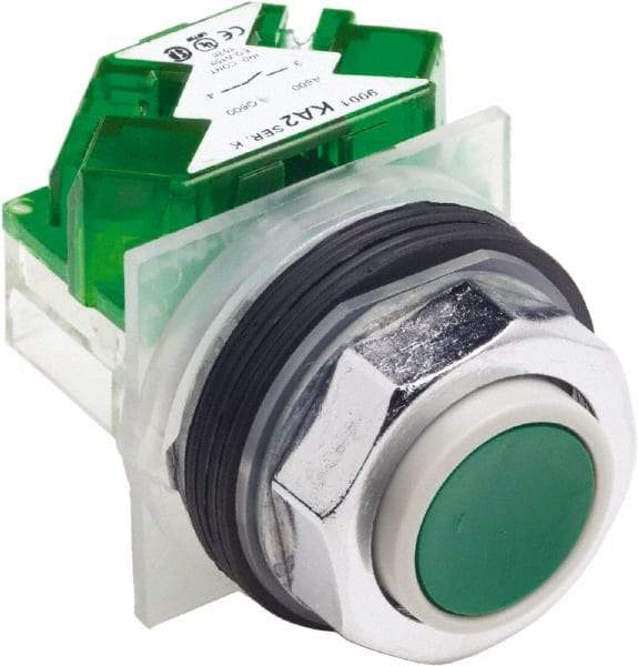 Schneider Electric - 30mm Mount Hole, Extended Straight, Pushbutton Switch with Contact Block - Green Pushbutton, Momentary (MO) - Industrial Tool & Supply