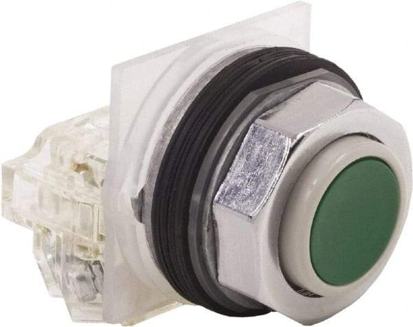 Schneider Electric - 30mm Mount Hole, Extended Straight, Pushbutton Switch with Contact Block - Green Pushbutton, Momentary (MO) - Industrial Tool & Supply