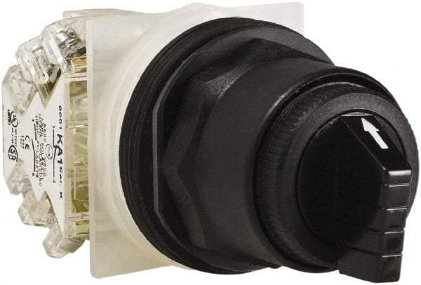 Schneider Electric - 1.18 Inch Mount Hole, 3 Position, Knob and Pushbutton Operated, Selector Switch - Black, Maintained (MA), Anticorrosive, Weatherproof, Dust and Oil Resistant - Industrial Tool & Supply