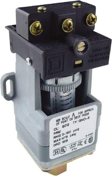 Square D - SPDT, 3 to 150 psi, Electromechanical Pressure and Level Switch - Adjustable Pressure, 120 VAC at 6 Amp, 125 VDC at 0.22 Amp, 240 VAC at 3 Amp, 250 VDC at 0.27 Amp, 1/4 Inch Connector, Screw Terminal, For Use with 9012G - Industrial Tool & Supply