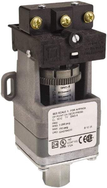 Square D - SPDT, 5 to 250 psi, Electromechanical Pressure and Level Switch - Adjustable Pressure, 120 VAC at 6 Amp, 125 VDC at 0.22 Amp, 240 VAC at 3 Amp, 250 VDC at 0.27 Amp, 1/4 Inch Connector, Screw Terminal, For Use with 9012G - Industrial Tool & Supply