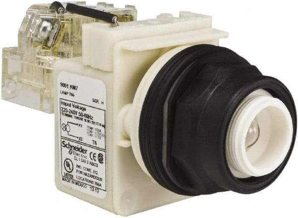 Schneider Electric - 220-240 V Incandescent Press-to-Test Indicating Light - Round Lens, Screw Clamp Connector, 54mm OAL x 42mm Wide, Vibration Resistant - Industrial Tool & Supply