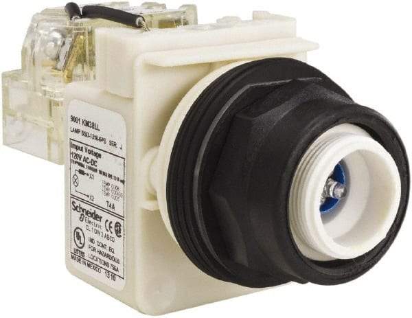 Schneider Electric - 120 V Blue Lens LED Pilot Light - Round Lens, Screw Clamp Connector, 54mm OAL x 42mm Wide, Vibration Resistant - Industrial Tool & Supply