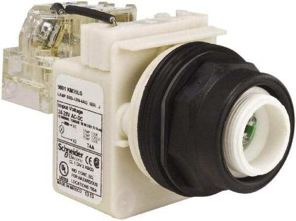 Schneider Electric - 28 V Green Lens LED Pilot Light - Round Lens, Screw Clamp Connector, 54mm OAL x 42mm Wide, Vibration Resistant - Industrial Tool & Supply