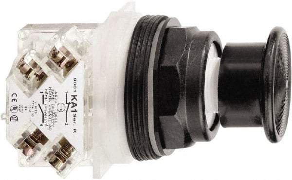 Schneider Electric - 30mm Mount Hole, Extended Mushroom Head, Pushbutton Switch with Contact Block - Round, Black Pushbutton, Maintained (MA) - Industrial Tool & Supply