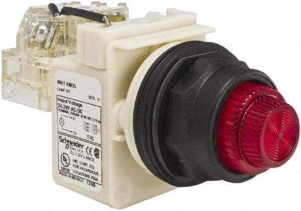 Schneider Electric - 24 V, 28 V Red Lens Press-to-Test Indicating Light - Round Lens, Screw Clamp Connector, Corrosion Resistant, Dust Resistant, Oil Resistant - Industrial Tool & Supply
