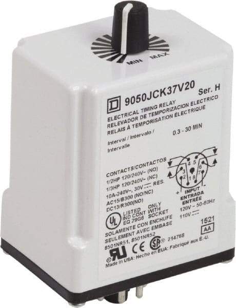 Square D - 0.3 to 30 min Delay, DPDT Time Delay Relay - 10 Contact Amp, 110 VDC & 120 VAC - Industrial Tool & Supply