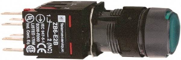 Schneider Electric - 16mm Mount Hole, Flush, Pushbutton Switch with Contact Block - Round, Green Pushbutton, Illuminated, Momentary (MO) - Industrial Tool & Supply