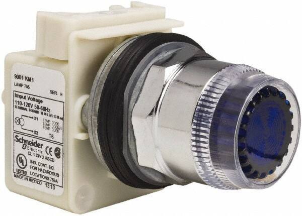 Schneider Electric - 1.18 Inch Mount Hole, Extended Straight, Pushbutton Switch Only - Round, Blue Pushbutton, Illuminated, Momentary (MO), Weatherproof, Dust and Oil Resistant - Industrial Tool & Supply