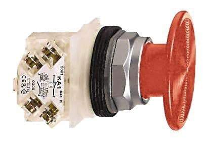 Schneider Electric - 30mm Mount Hole, Extended Mushroom Head, Pushbutton Switch with Contact Block - Round, Red Pushbutton, Momentary (MO) - Industrial Tool & Supply