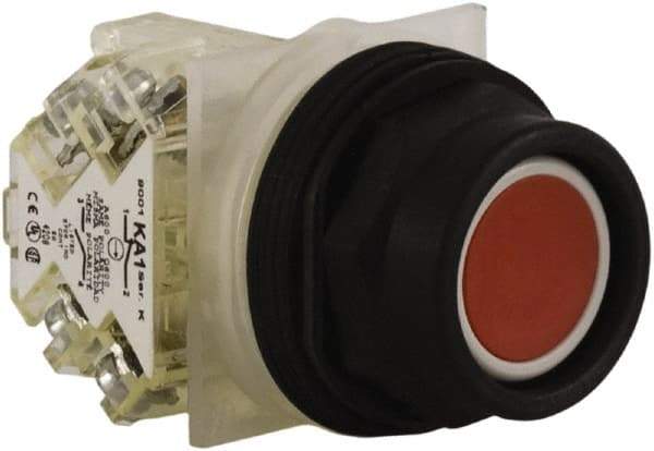 Schneider Electric - 30mm Mount Hole, Extended Straight, Pushbutton Switch with Contact Block - Red Pushbutton, Momentary (MO) - Industrial Tool & Supply