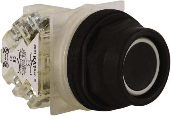 Schneider Electric - 30mm Mount Hole, Extended Straight, Pushbutton Switch with Contact Block - Black Pushbutton, Momentary (MO) - Industrial Tool & Supply