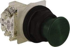 Schneider Electric - 1.22 Inch Mount Hole, Extended Mushroom Head, Pushbutton Switch with Contact Block - Round, Green Pushbutton, Nonilluminated, Momentary (MO), Anticorrosive, Dusttight, Oiltight, Watertight and Shock and Vibration Resistant - Industrial Tool & Supply