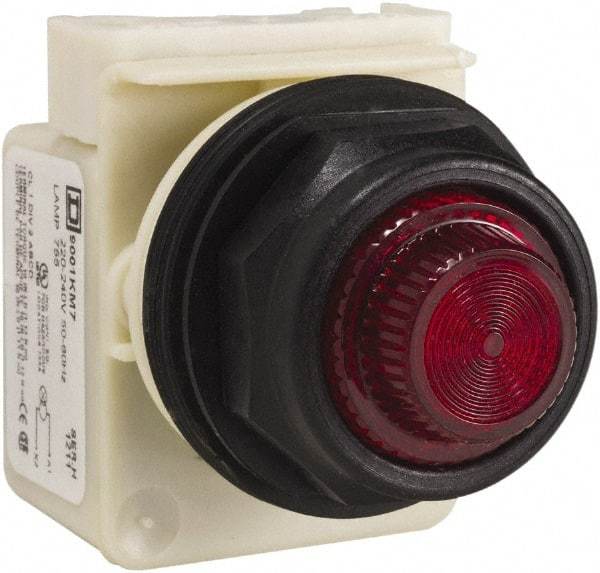 Schneider Electric - 220 VAC at 50/60 Hz via Transformer, 240 VAC at 50/60 Hz via Transformer Red Lens Indicating Light - Round Lens, Screw Clamp Connector, Corrosion Resistant, Dust Resistant, Oil Resistant - Industrial Tool & Supply