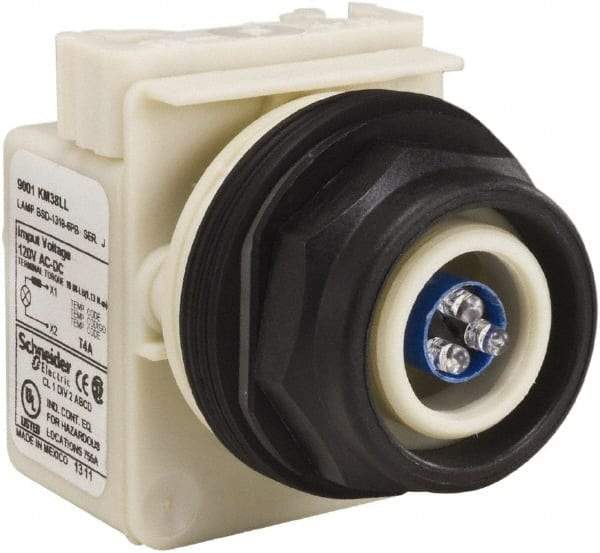 Schneider Electric - 120 V Blue Lens LED Pilot Light - Round Lens, Screw Clamp Connector, 54mm OAL x 42mm Wide, Vibration Resistant - Industrial Tool & Supply