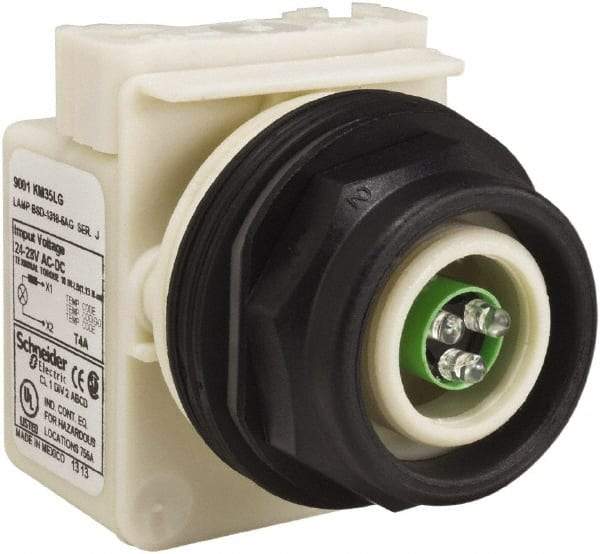 Schneider Electric - 28 V Green Lens LED Pilot Light - Round Lens, Screw Clamp Connector, 54mm OAL x 42mm Wide, Vibration Resistant - Industrial Tool & Supply