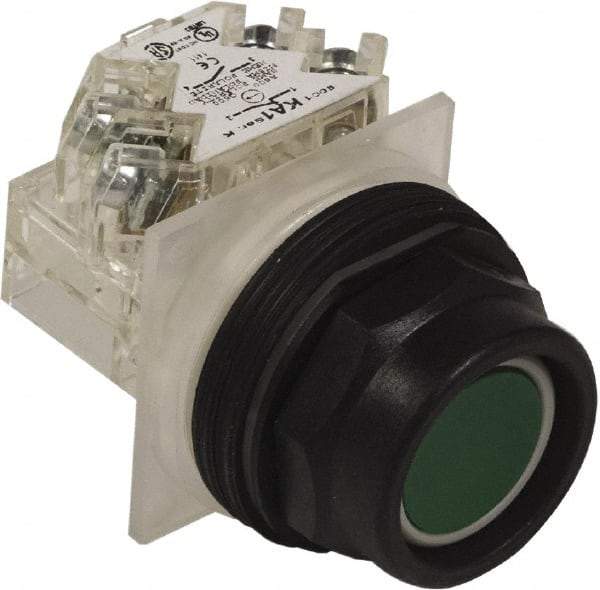 Schneider Electric - 30mm Mount Hole, Extended Straight, Pushbutton Switch with Contact Block - Green Pushbutton, Momentary (MO) - Industrial Tool & Supply