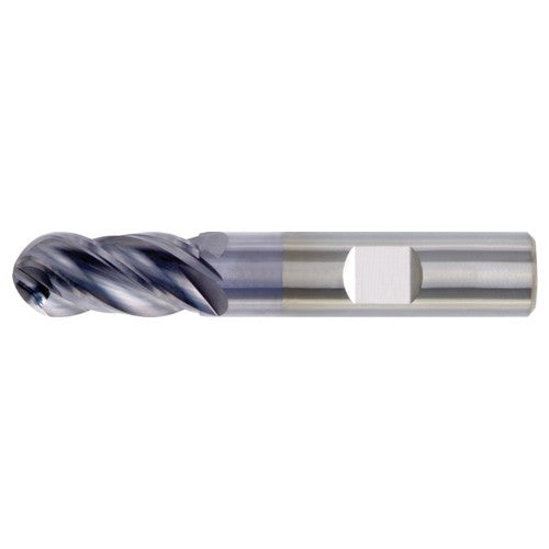 ‎3/4″ Dia. × 3/4″ Shank × 1-1/2″ DOC × 4″ OAL, Carbide TiAlN, Unequal Flute Spacing , 4 Flute, CW|38° Helix, Weldon, Ballnose End Mill - Exact Industrial Supply