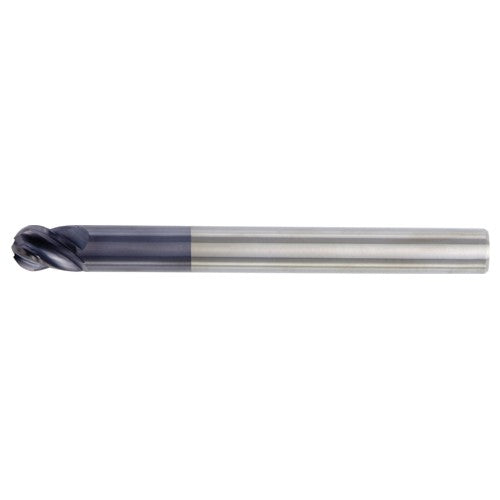 ‎1″ Dia. × 1″ Shank × 1-1/8″ DOC × 6″ OAL, Carbide TiAlN, Unequal Flute Spacing , 4 Flute, CW|38° Helix, Round, Ballnose End Mill - Exact Industrial Supply