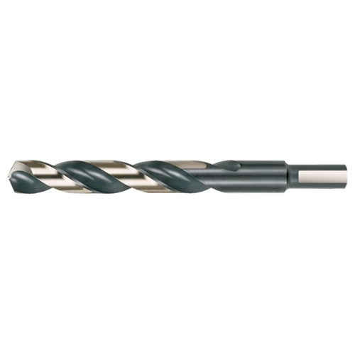 15/32 RHS / RHC HSS 135 Degree Split Point 3/8″ Reduced Shank Heavy Duty Jobber Length Drill - Black & Gold - Exact Industrial Supply