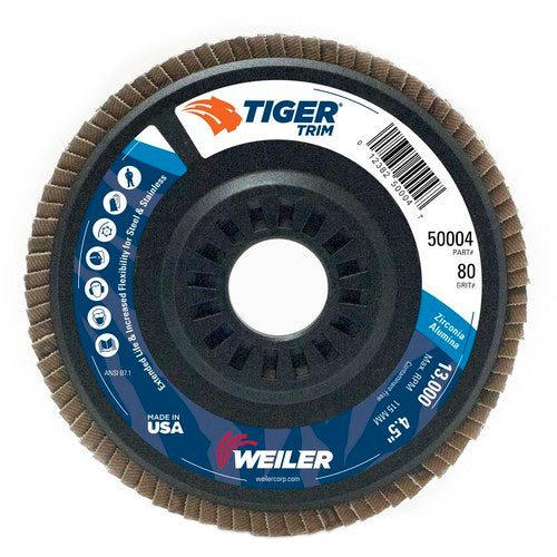 4-1/2″ Tiger Disc Abrasive Flap Disc, Angled, Trimmable Backing, 80Z, 7/8″ Arbor Hole - Industrial Tool & Supply