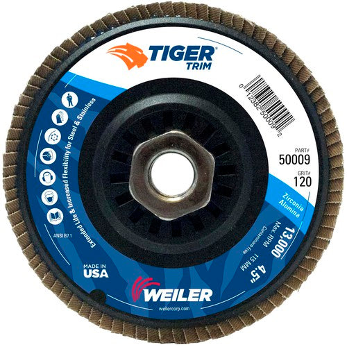 4-1/2″ Tiger Disc Abrasive Flap Disc, Angled, Trimmable Backing, 120Z, 5/8″-11 UNC Nut - Industrial Tool & Supply
