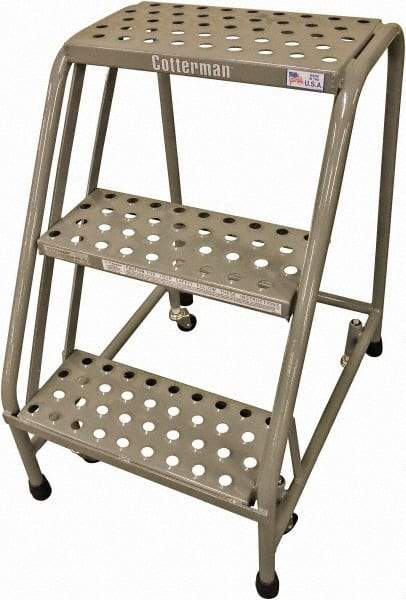 Cotterman - 30" 3 Step Rolling Warehouse Ladder - Rolling Safety Ladder, 450 Lb Capacity, 30" Platform Height, 20" Base Width x 27" Base Depth, Expanded Metal Tread - Industrial Tool & Supply