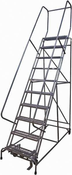 Cotterman - 130" 10 Step Rolling Warehouse Ladder - Rolling Safety Ladder, 450 Lb Capacity, 100" Platform Height, 32" Base Width x 84" Base Depth, Serrated Steel - Industrial Tool & Supply