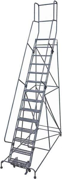 Cotterman - 182" 14 Step Rolling Warehouse Ladder - Rolling Safety Ladder, 450 Lb Capacity, 140" Platform Height, 42" Base Width x 101" Base Depth, Serrated Steel - Industrial Tool & Supply