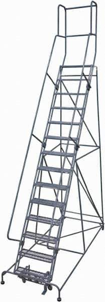 Cotterman - 182" 14 Step Rolling Warehouse Ladder - Rolling Safety Ladder, 450 Lb Capacity, 140" Platform Height, 42" Base Width x 101" Base Depth, Expanded Metal Tread - Industrial Tool & Supply