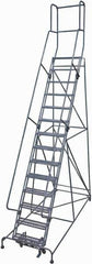 Cotterman - 182" 14 Step Rolling Warehouse Ladder - Rolling Safety Ladder, 450 Lb Capacity, 140" Platform Height, 42" Base Width x 101" Base Depth, Expanded Metal Tread - Industrial Tool & Supply