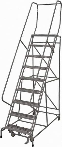 Cotterman - 120" 9 Step Rolling Warehouse Ladder - Rolling Safety Ladder, 450 Lb Capacity, 90" Platform Height, 32" Base Width x 67" Base Depth, Serrated Steel - Industrial Tool & Supply