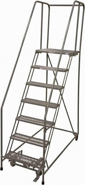 Cotterman - 100" 7 Step Rolling Warehouse Ladder - Rolling Safety Ladder, 450 Lb Capacity, 70" Platform Height, 30" Base Width x 63" Base Depth, Expanded Metal Tread - Industrial Tool & Supply