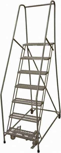 Cotterman - 100" 7 Step Rolling Warehouse Ladder - Rolling Safety Ladder, 450 Lb Capacity, 70" Platform Height, 24" Base Width x 53" Base Depth, Serrated Steel - Industrial Tool & Supply