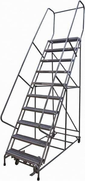 Cotterman - 130" 10 Step Rolling Warehouse Ladder - Rolling Safety Ladder, 450 Lb Capacity, 100" Platform Height, 32" Base Width x 74" Base Depth, Serrated Steel - Industrial Tool & Supply