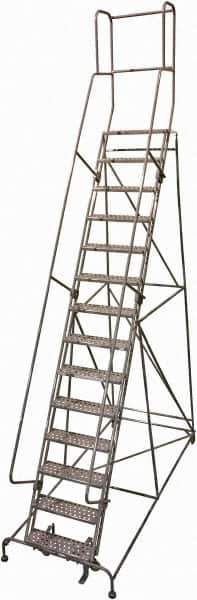 Cotterman - 182" 14 Step Rolling Warehouse Ladder - Rolling Safety Ladder, 450 Lb Capacity, 140" Platform Height, 42" Base Width x 111" Base Depth, Perforated Tread - Industrial Tool & Supply