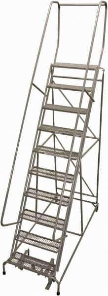Cotterman - 130" 10 Step Rolling Warehouse Ladder - Rolling Safety Ladder, 450 Lb Capacity, 100" Platform Height, 32" Base Width x 72" Base Depth, Perforated Tread - Industrial Tool & Supply
