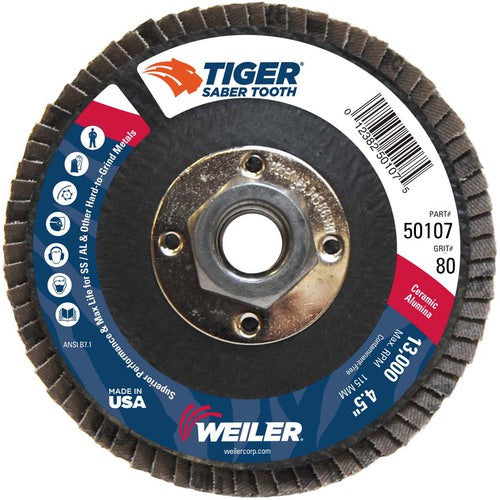 4-1/2″ Saber Tooth Ceramic Abrasive Flap Disc, Angled, Phenolic Back,80C, 5/8″-11 UNC Nut - Industrial Tool & Supply