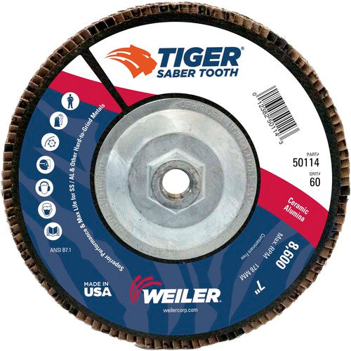 7″ Saber Tooth Ceramic Abrasive Flap Disc, Angled, Phenolic Backing, 60C, 5/8″-11 UNC Nut - Industrial Tool & Supply