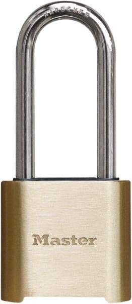 Master Lock - 2" Body Width x 3" Body Height, 2" Shackle Clearance, Brass Finish Combination Lock - 5/16" Shackle Diam, 1" Shackle Width, Set Your Own 4 Digit Combination - Industrial Tool & Supply