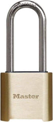 Master Lock - 2" Body Width x 3" Body Height, 2" Shackle Clearance, Brass Finish Combination Lock - 5/16" Shackle Diam, 1" Shackle Width, Set Your Own 4 Digit Combination - Industrial Tool & Supply