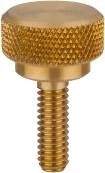 Morton Machine Works - 1/4-20 Knurled Shoulder Flat Tip Brass Thumb Screw - 15/16" OAL, 7/16" Head Height - Industrial Tool & Supply