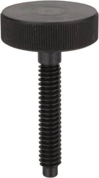 Morton Machine Works - M4x0.70 Knurled Shoulderless Dog Point Tip Grade C-12L14 Steel Thumb Screw - 57mm OAL, 19mm Head Diam x 6mm Head Height - Industrial Tool & Supply