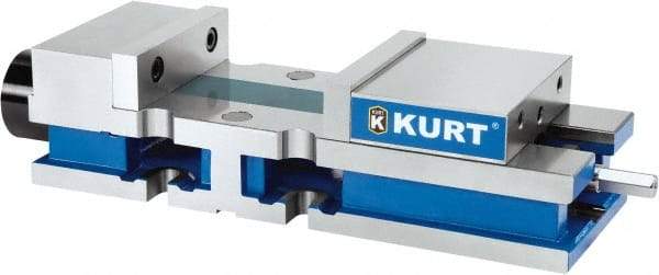 Kurt - 8" Jaw Width, 10-1/4" Jaw Opening Capacity, Horizontal Stationary Machine Vise - Hydraulic Operation, 1 Station, 27" Long x 6" High x 1" Deep, 6" Jaw Height, 3,200 Lb Max Clamp Force, Ductile Iron - Industrial Tool & Supply